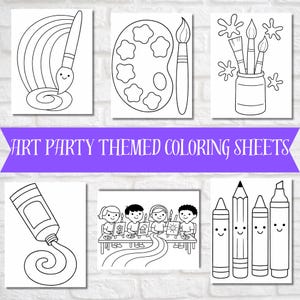 May include: A collection of black and white line drawings featuring art supplies and children at an art party. The image includes a paintbrush with rainbow paint, a palette, paintbrushes, a tube of paint, and smiling art supplies. Text reads: ART PARTY THEMED COLORING SHEETS.