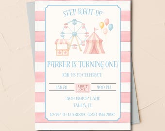 Invitación de cumpleaños de Carnaval Rosa – Plantilla editable de Canva / Descarga digital / Invitación para fiesta de circo para niñas / Acceso instantáneo