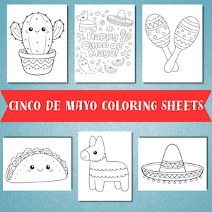 Op de afbeelding: Zwart-wit kleurplaten voor Cinco de Mayo met een cactus, een lama, maracas, een taco, een piñata en een sombrero. De tekst "Happy Cinco de Mayo!" is ook opgenomen.