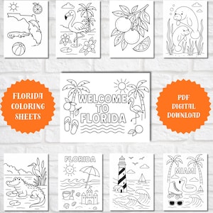 May include: A collection of black and white Florida-themed coloring sheets. Designs include a flamingo, alligator, oranges, manatees, a lighthouse, and the words "Welcome to Florida" and "Miami". The sheets are surrounded by an orange border with the words "Florida Coloring Sheets" and "PDF Digital Download".