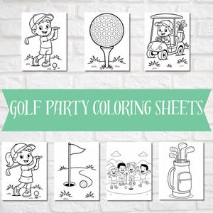 May include: A collection of black and white golf-themed coloring sheets. The sheets feature illustrations of golfers, golf balls, golf carts, and the text "GOLF PARTY COLORING SHEETS" on a green banner.