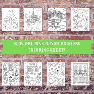 May include: A collection of eight black and white coloring sheets featuring New Orleans themes. Images include a dress, a street scene, a trolley, an alligator, a jazz band, a cafe, a frog, and a building. The text "NEW ORLEANS BAYOU PRINCESS COLORING SHEETS" is displayed.