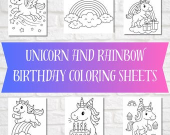 Unicorn and Rainbow Coloring Pages – Printable Birthday Coloring Sheets – Flying Unicorn, Cupcakes, Happy Birthday, Rainbow Party Activity