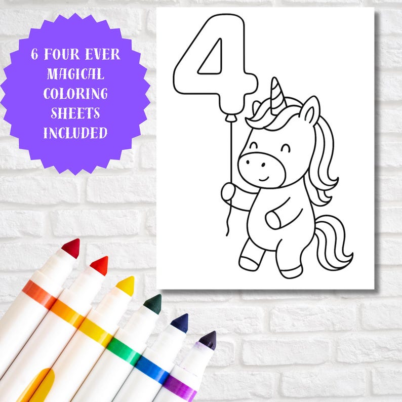 Four Ever Magical Coloring Pages Bundle | 4th Birthday Coloring Sheets PDF | Unicorn Fairy Rainbow Number 4 Coloring Book Kids Printable