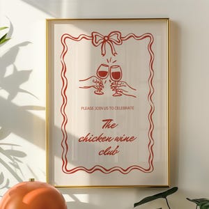 The Chicken Wine Club Print Trendy Vintage Kitchen Wall Art Chicken Wine Lover Gift Print Bar Cart Art Wine Friends Gift Cheers Wall Art