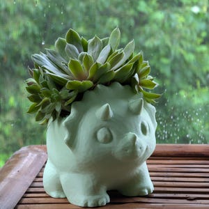 May include: A light green, dinosaur-shaped planter holding a succulent plant. The planter has a friendly face and spiky details. The succulent has green leaves. The planter is sitting on a wooden surface.
