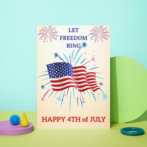 Happy 4th July Card | Let Freedom Ring | Independence Day Card | USA Flag Fireworks Printable Card | Digital Download | 4th July Card
