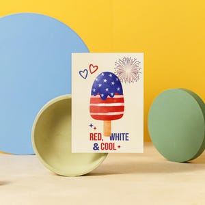Rood, wit en koel | 4 juli-kaart | Afdrukbare patriottische wenskaart | Digitale download voor Independence Day | Vuurwerkkaart met Amerikaanse vlag