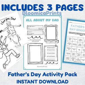 Father’s Day Activity Pack – Printable Dad Worksheet, Father’s Day Bingo, Drawing Page – Kids Gift Idea