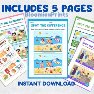 Spot the Difference Printable Worksheets – Summer, School, Playground Themes – Fun Activities for Kids BloomicaPrints