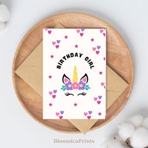 d'anniversaire licorne pour fille - Carte imprimable pliable avec de jolis coeurs et des fleurs | Téléchargement instantané
