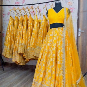Yellow silk based bridesmaid lehenga set