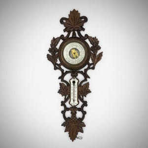 Antique French Black Forest Carved Wood Barometer Thermometer Weather Station