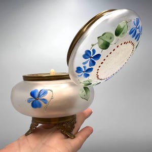 1910 Antique Russian Empire Hand Painted Glass Powder Jar Box Bronze Feet Puff