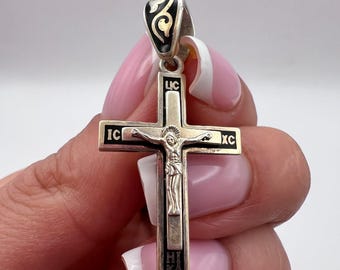 Vintage 925 Sterling Silver Cross Pendant, Blackened Crucifix Necklace, Religious Orthodox Jewelry, Oxidized Silver Faith Pendant