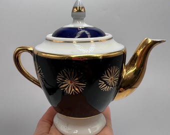 Teapot Retro 70s Porcelain Collectible Cobalt Blue Gold Gilded