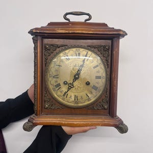 Vintage German Wood Mantel Clock Westminster Chime Mechanical Key Wind Up Brass