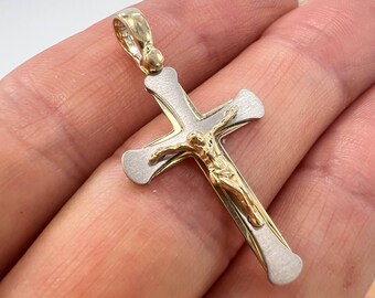 14K gouden kruisbeeldhanger massief geel witgouden religieuze sieraden 1,9 g