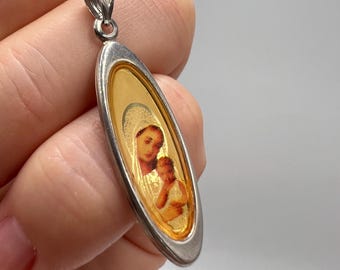 Sterling Silver 925 Orthodox Icon Pendant Enamel, Ukrainian Religious Jewelry Necklace, Vintage Christian Devotional Gift 1.4g