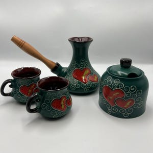 Kaffeservis Grön Kanna Keramik Handgjorda Muggar Drickskonst Sockerskål Hjärta