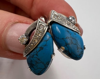 Pendientes vintage de turquesa y plata de ley 925, joyería bohemia étnica con piedra azul.