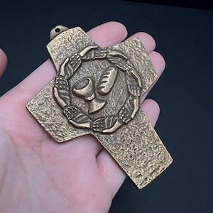 Bronze Wall Cross 1970s German Eucharist Symbol - Vintage Christian Art Antique