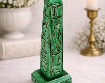 Green Egyptian Obelisk with Hieroglyphs – Pharaonic Decorative Art – Ancient Egypt Stone Collectible – Home Decor