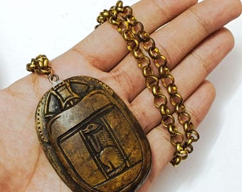 Vintage Style Egyptian Scarab Pendant Necklace - Handcrafted Hieroglyph Amulet