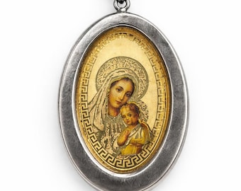 Vintage Sterling Silver Orthodox Icon Pendant | Mother of God Theotokos Necklace