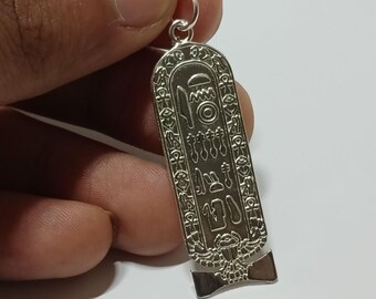 Silver-plated Egyptian cartouche pendant with ancient hieroglyphic design