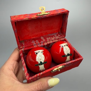 Vintage Chinese Baoding Balls Owl Red Cloisonne Enamel Meditation Set w/ Box