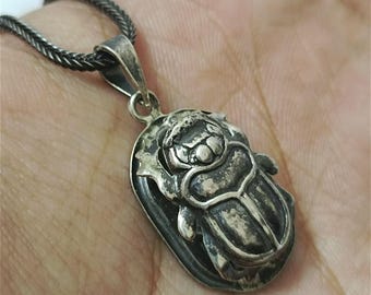 925 Silver Scarab Pendant, Egyptian Style, Antique Handmade Jewelry.