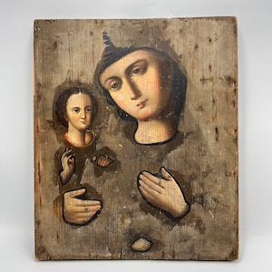 Antique Russian Icon Virgin Mary & Child Hand Painted on Wood, 19th C