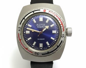 Vintage heren Vostok Amphibia Komandirskie mechanisch horloge USSR Sovjet 200 m blauwe wijzerplaat 1329