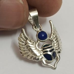 Egyptian Pharaoh Beetle Necklace in 925 Sterling Silver with Blue Stone