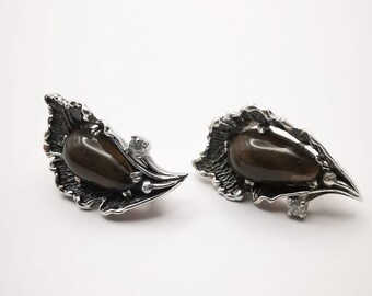 Vintage 875 Silver Earrings, Black Agate Zircon Drops, Gothic Floral Style