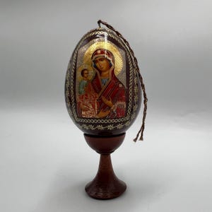 Vintage Wooden Christian Egg Icon Virgin Mary & Jesus Hand-Painted Religious Art