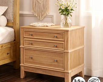 Wooden Bedside Table with Drawers, Light Oak Farmhouse Nightstand, Bedroom Storage