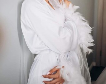 Satin Bridal Robe with Detachable Feather Trim - Wedding Day Kimono