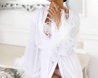 Feder Braut Robe, lange Satin Robe, Satin Feder Robe, Braut Robe, Braut, die bereit ist, Braut weiße Robe, Brautjungfern Roben, Kimono aus Seide