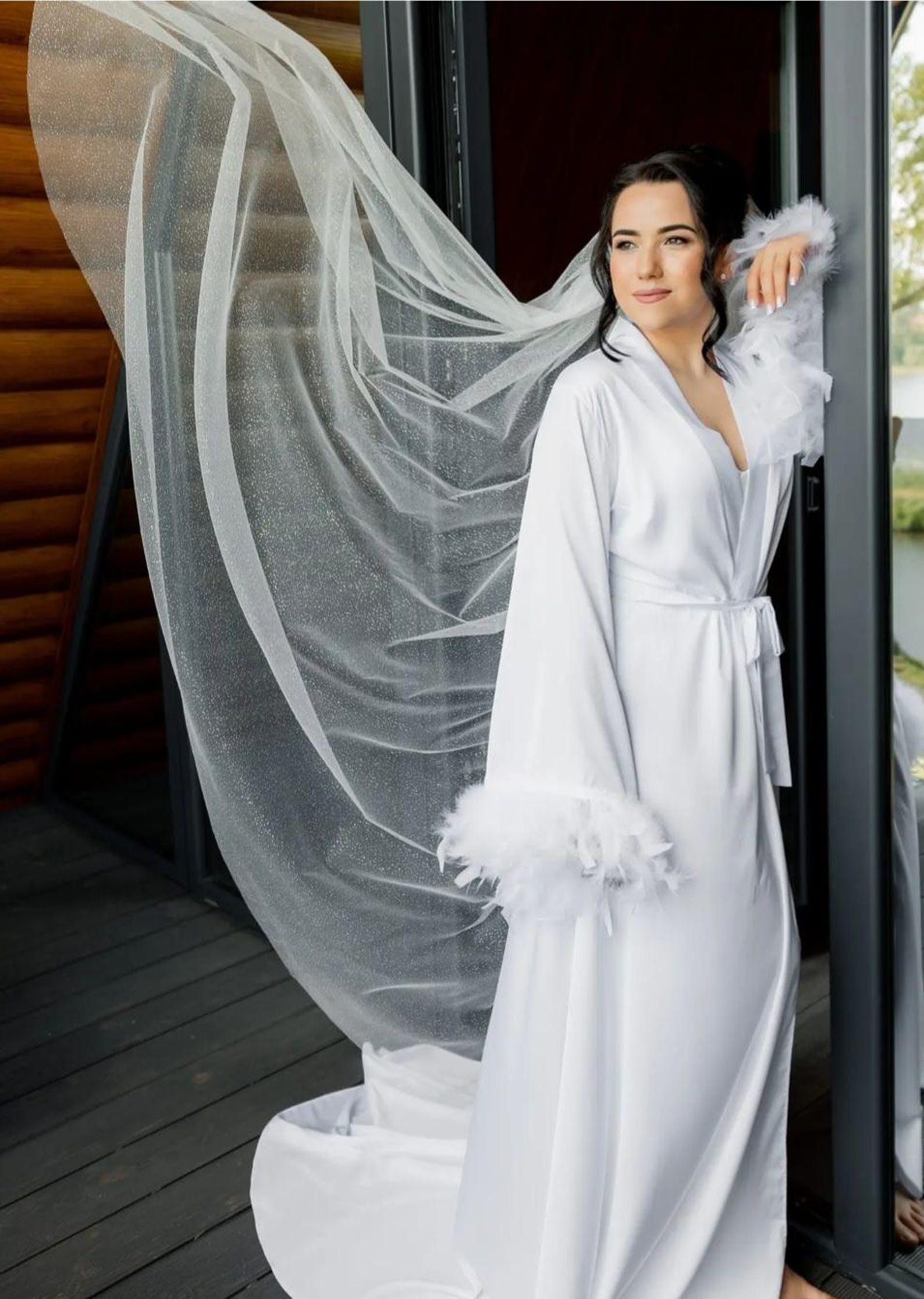 White Satin Bridal Robe With Train: Wide Sleeve Wedding Gown - Etsy