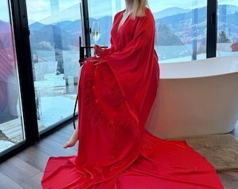 Red Bridal Robe with Feather, Luxury Feather Robe with Wide Sleeves, Silky Bridal Kimono with Train, Elegant Women’s Robe, Wide Sleeves robe