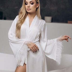 White Bridal Kimono, Boho Kimono, Boudoir Robe, Bridesmaid Robes, Gift For Bride, Long Robe, Robe With Train, Silk Robe, Feather Bridal Robe