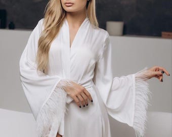 White Satin Bridal Kimono: Feather Boudoir Robe with Train