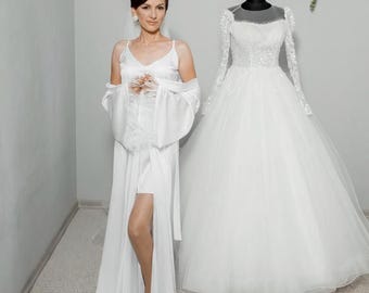 Feather Bridal Robe Set: Satin Nightgown, Detachable Turkey Feathers