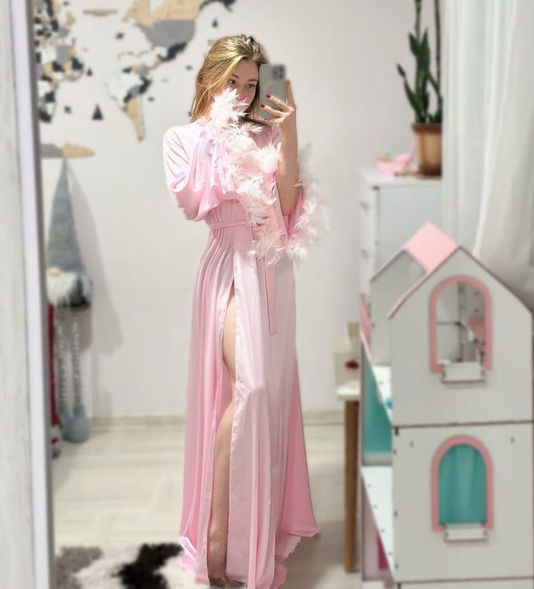 Glamorous Feather Robe Pink Satin Feather Robe, Luxury Long Dressing Gown, Elegant Lounge Wear ...