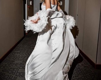 Long Satin Robe With Feathers, Silk Kimono Robe, Christmas Gift For Wife