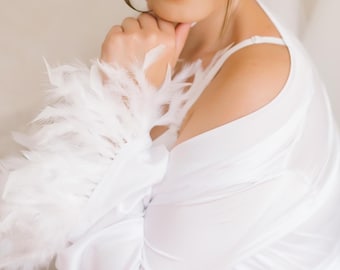 White Satin Bridal Robe with Detachable Feather Trim