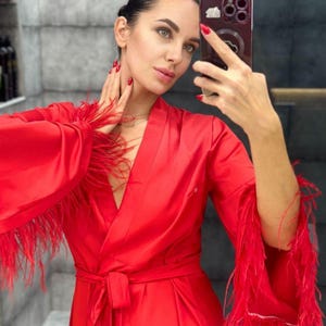 Red Silk Satin Feather Robe: Bridal Boudoir Kimono