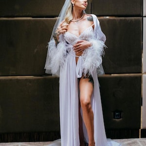 Black Silk Bridal Robe: Feather Trim, Detachable Feathers